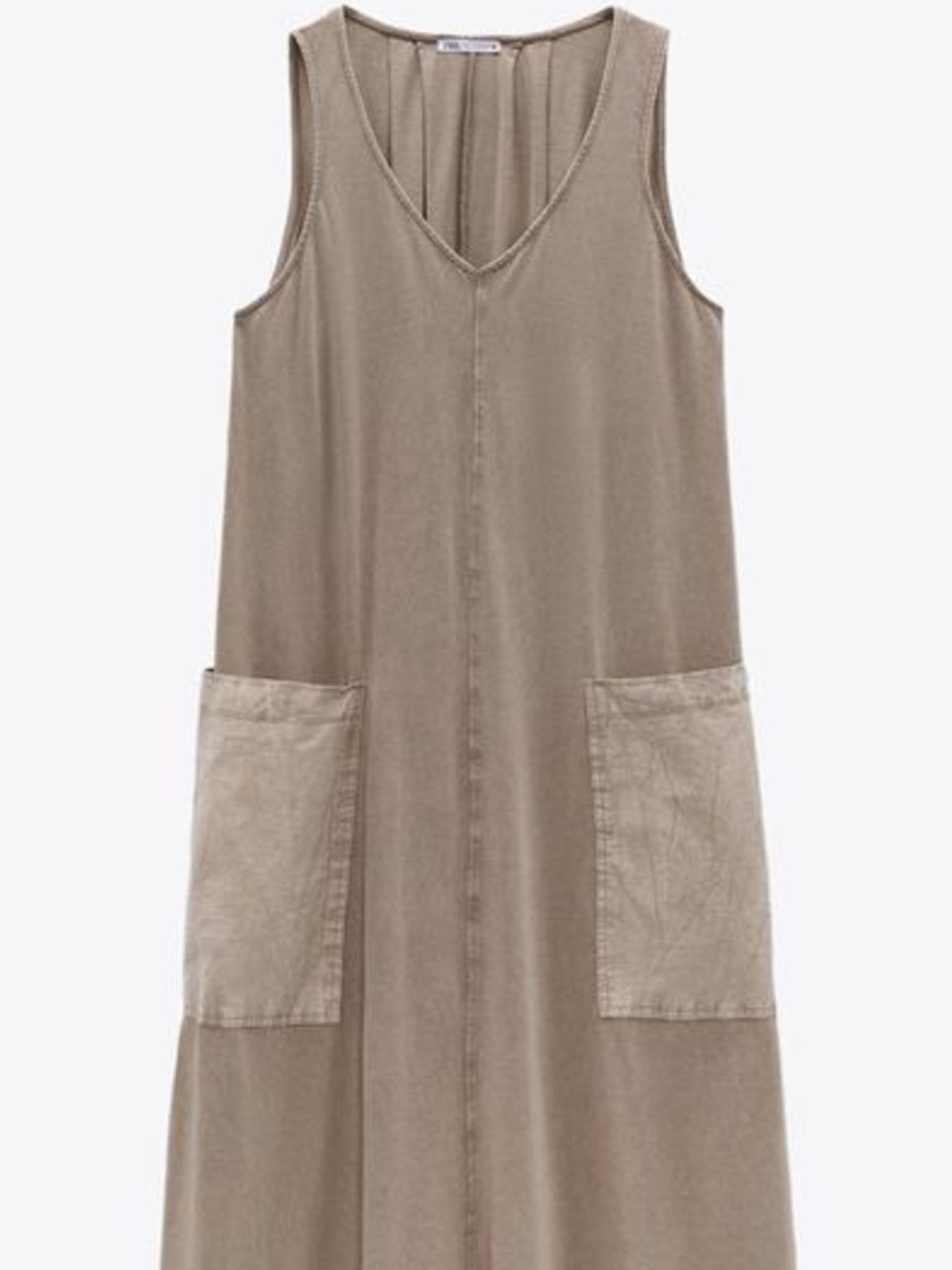 Zara Beige Taupe V-Neck Sleeveless Maxi Dress with Front Pockets